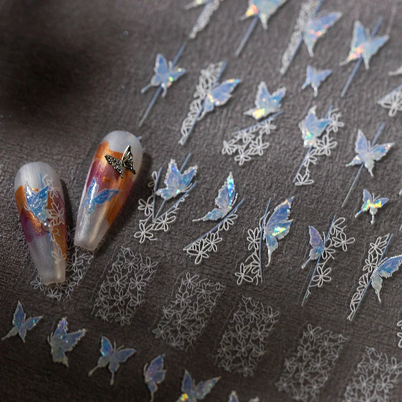 Butterfly Flower Hollow Out Lace Delicate Floral Print Shiny Cloth Block Insect Self Adhesive Nail Art Stickers Manicure Decals (Online Order Only)