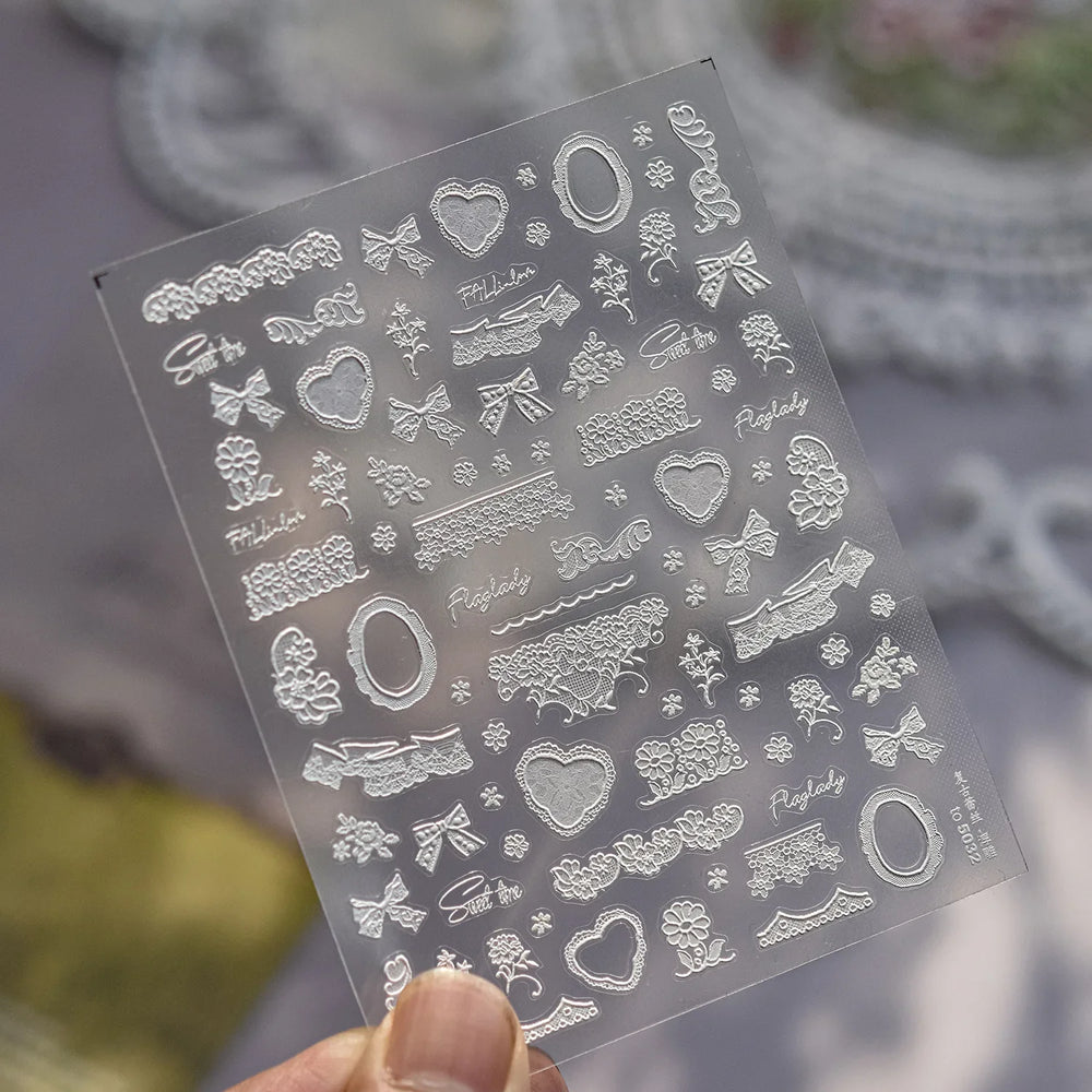Retro Lace Gird Bowknot Love Heart Flower Leaves Fabric Art Photo Frame Embossed Self Adhesive Nail Art Stickers Manicure Decals (ONLINE ORDER ONLY)