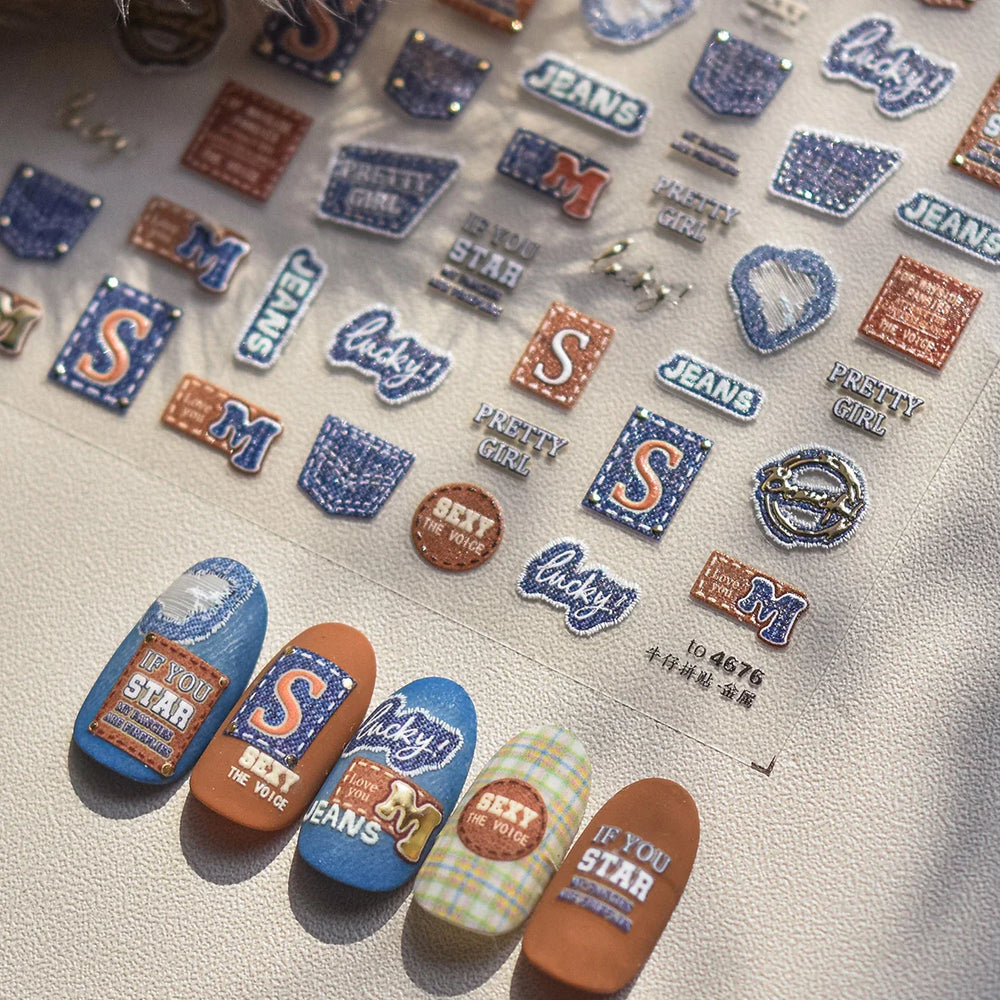 Round Jeans Square Sexy Blue Series Cowboy Lucky Beautiful Letter Self Adhesive Nail Art Sticker Pearl Rhinestone Manicure Decal (ONLINE ORDER ONLY)