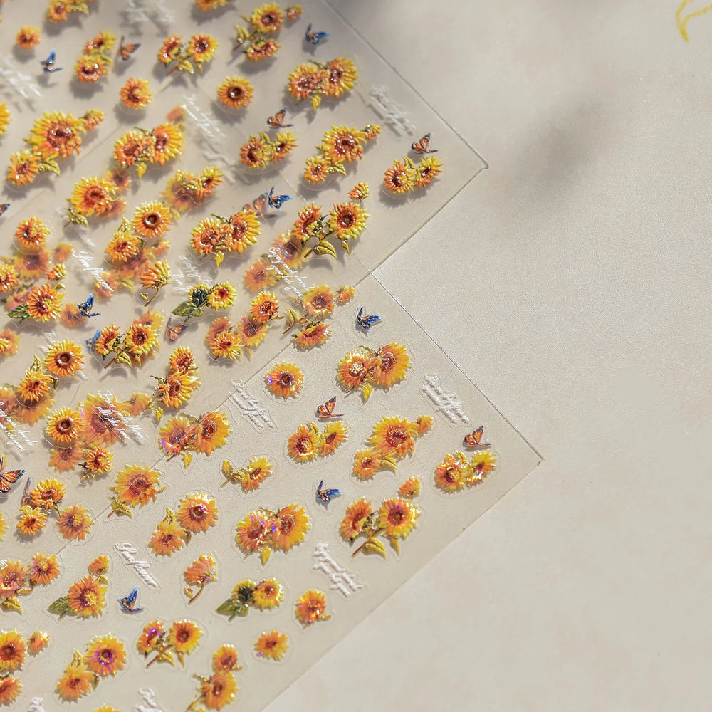 Embossed Shiny Vigor Sunflower Turnsole Vitality Butterfly Daisy Oil Painting Plant 5D Adhesive Nail Art Sticker Manicure Decals (ONLINE ORDER ONLY)