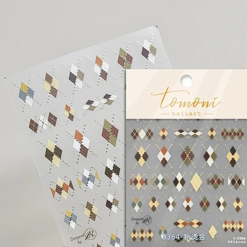 Geometric French Style Colorful Square Grid Rhombus Line Stripe Bowknot 3D Self Adhesive Nail Art Stickers Shiny Manicure Decals (ONLINE ORDER ONLY)