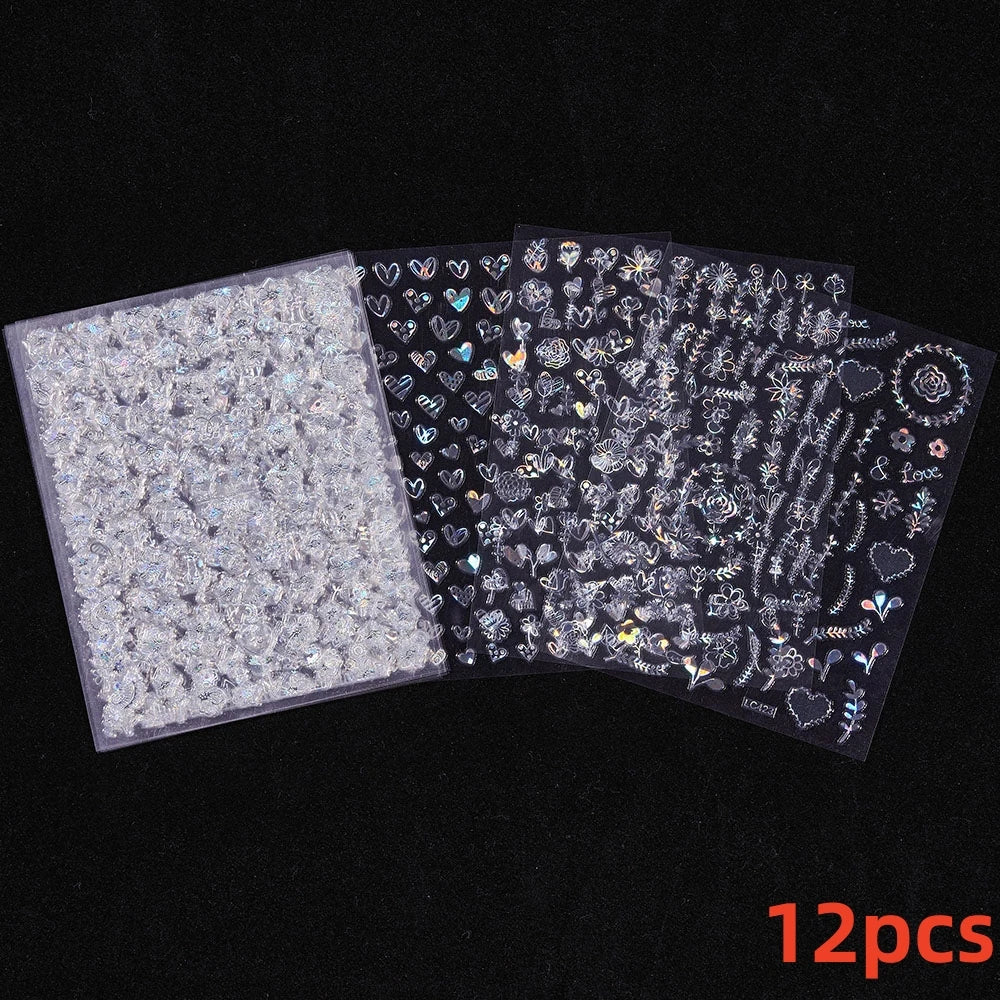 12PCS White Flowers Leaves 3D Nail Stickers Star/Moon/Sun Nail Art Decoration Decals Geometric Flower Stickers Nail Art Supplies (ONLINE ORDER ONLY)
