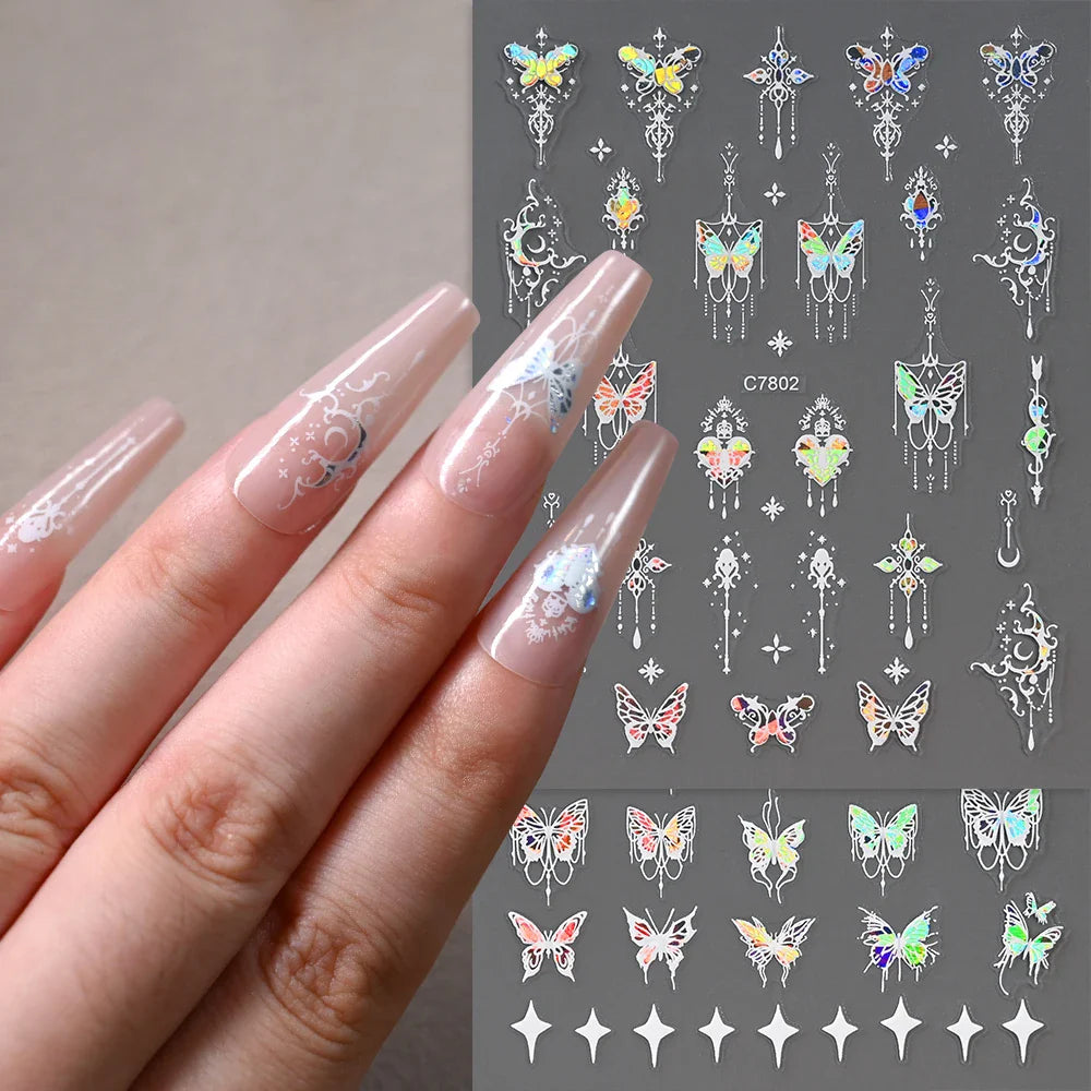 1pcs Butterfly Floral Nail Art Stickers Magic Shell Light Laser Black/White Nail Decoration Butterfly Slider Manicure Ornaments* (Online Order Only)