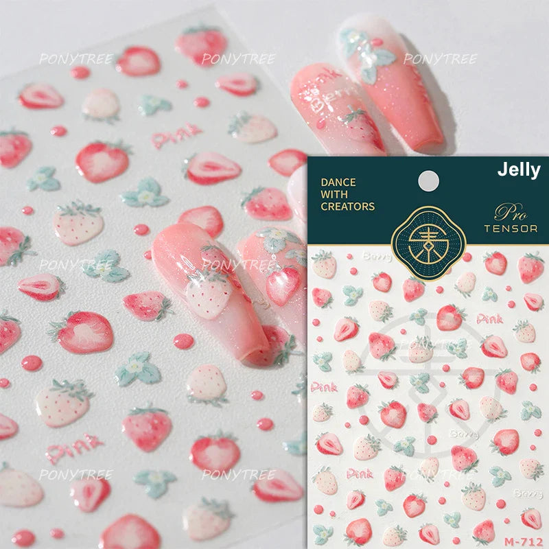 Cute Pink Tempting Strawberries Attractive Fruit Cutting Line Bowknot Star Silver Stamping Chic Nail Art Stickers Manicure Decal (ONLINE ORDER ONLY)