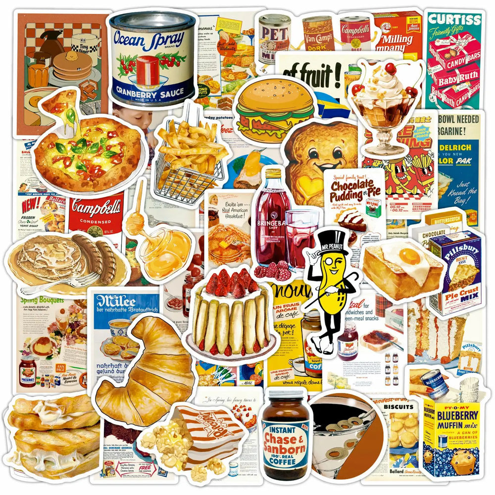 50pcs Retro Food Graffiti Stickers for Helmet, Wall, DIY Decoration with Storage Box (Online Order Only)