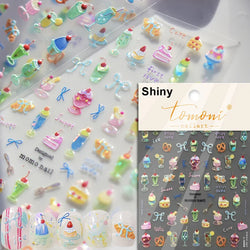 Colorful Food Pudding Alkali Water Bowknot Cream Fork Cup Bread Jelly Fruit Cartoon Cake Relief Nail Art Sticker Manicure Decals (ONLINE ORDER ONLY)