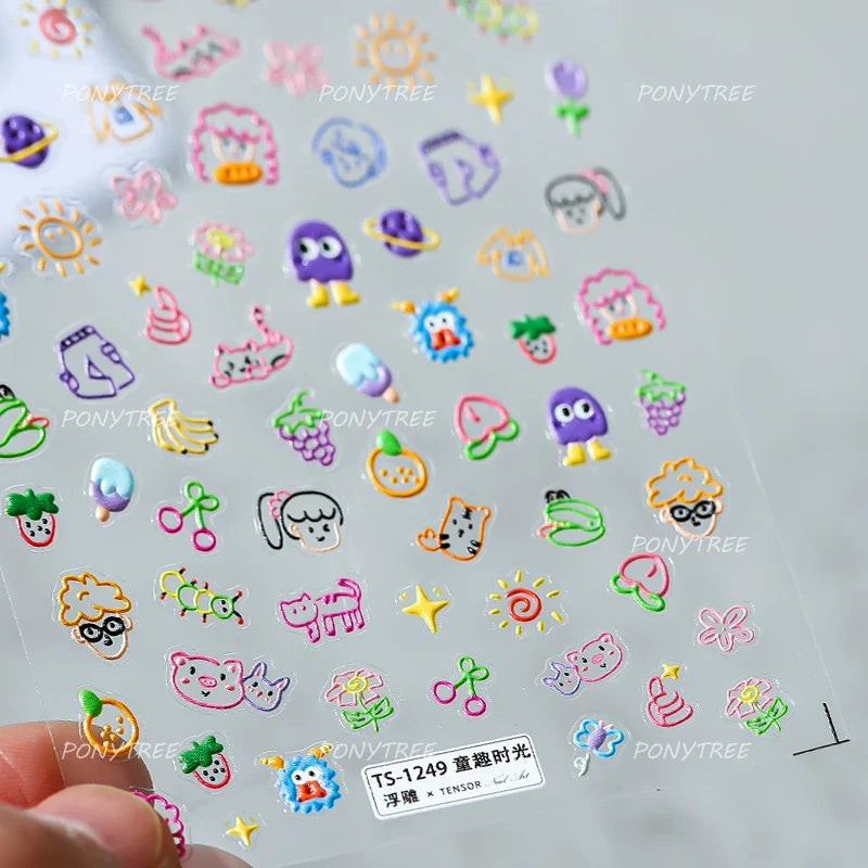 Flower Star Sun Grid Line Interesting Graffiti Tulip Cherry Apple Fruit Dot Painting Adhesive Nail Art Stickers Manicure Decals (ONLINE ORDER ONLY)