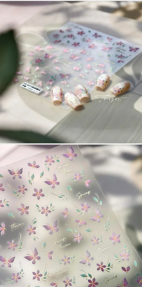 Charming Pink Purple Embroidery Gradual Butterfly Flowers Green Leaf 5D Tender Self Adhesive Nail Art Stickers Manicure Decals (ONLINE ORDER ONLY)
