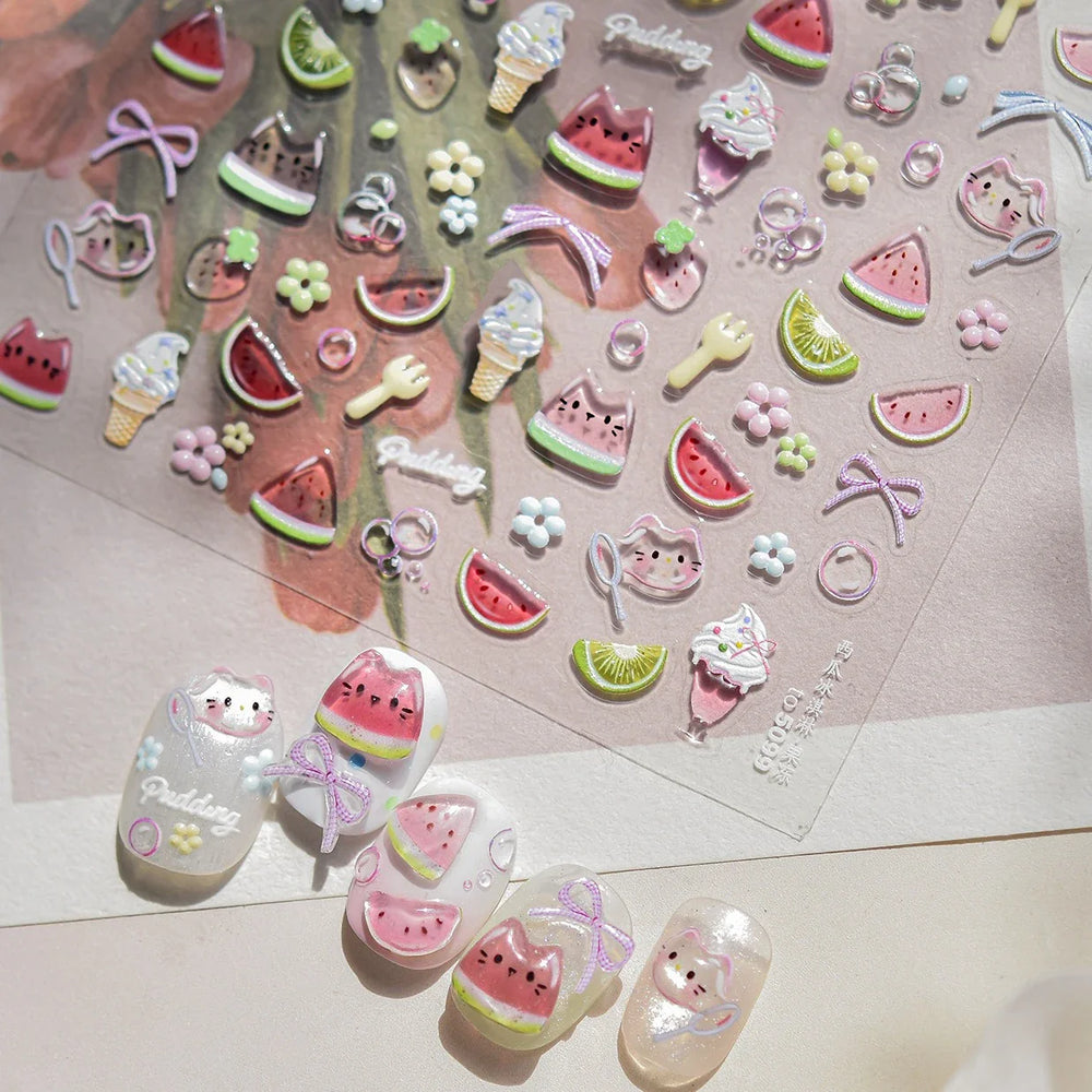 Summer Beach Bikini Watermelon Cat Popsicle Swim Ring Ice Cream Shell Coconut Tree Nail Art Decoration Stickers Manicure Decals (Online Order Only)