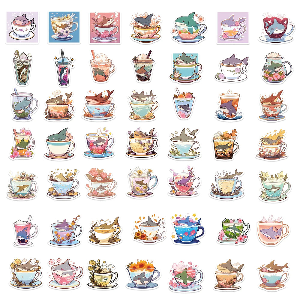 50pcs Shark And Cup Stickers Cartoon Waterproof Pvc Decals for Skateboard Helmet Laptop Bicycle Motorcycle Stickers Kids Toy (ONLINE ORDER ONLY)