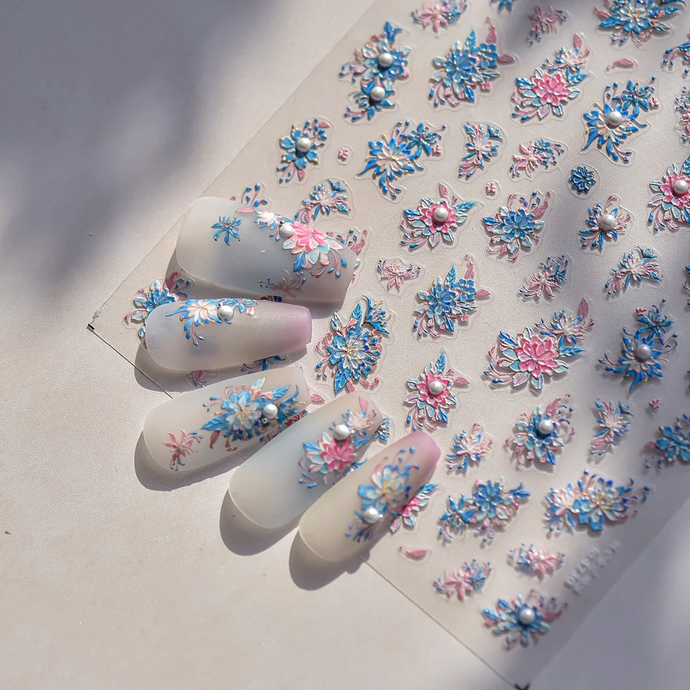 Delicate Shiny Pink Flower Blue Hairpin with Flower Decoration Self Adhesive Nail Art Stickers Pearl Rhinestone Manicure Decals (Online Order Only)