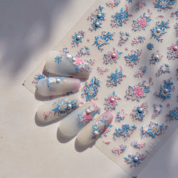 Delicate Shiny Pink Flower Blue Hairpin with Flower Decoration Self Adhesive Nail Art Stickers Pearl Rhinestone Manicure Decals (Online Order Only)