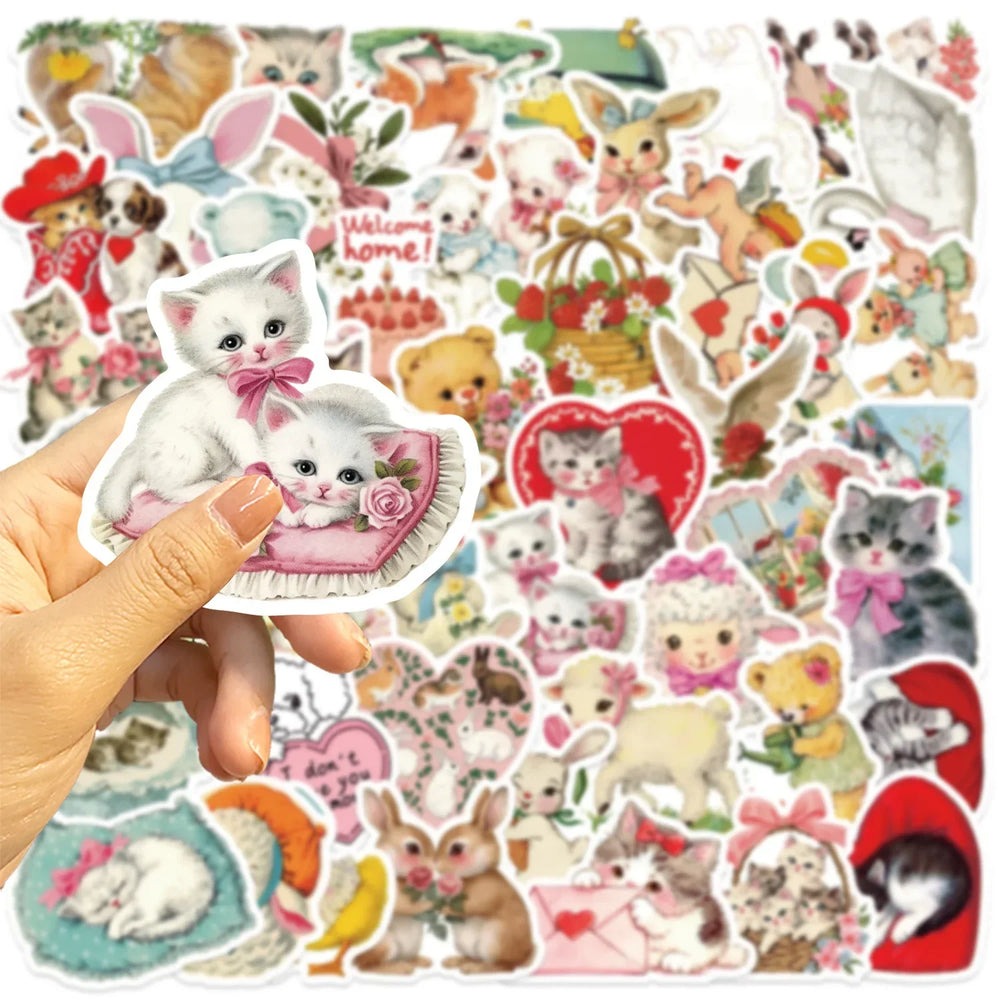 10/50Pcs Vintage Pink Bear Cat Animals Stickers Aesthetic Kawaii Girls Decals Scrapbooking Notebook Laptop Phone Diary Sticker (ONLINE ORDER ONLY)