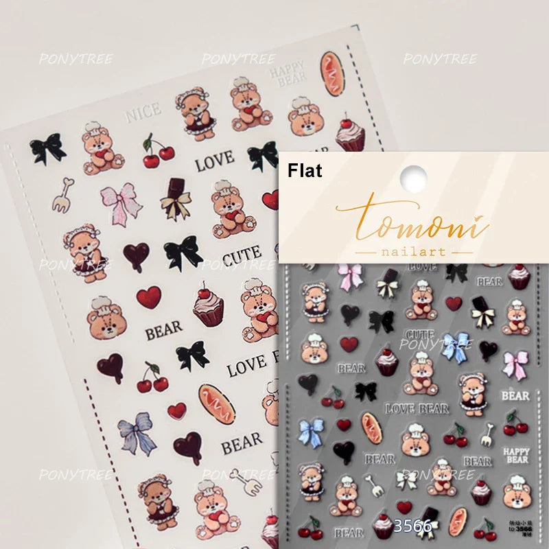 Cute Bear Teddy Birthday Party Maillard Bear Cake Flower Bouquet Lucky Love Heart 5D Adhesive Nail Art Sticker Manicure Decals (Online Order Only)