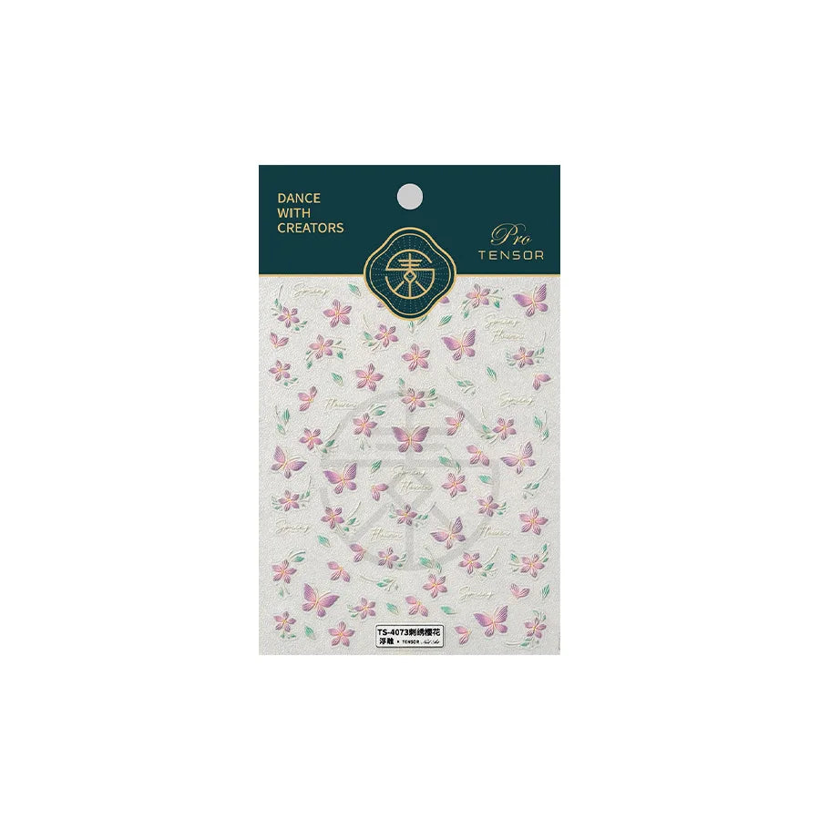 Charming Pink Purple Embroidery Gradual Butterfly Flowers Green Leaf 5D Tender Self Adhesive Nail Art Stickers Manicure Decals (ONLINE ORDER ONLY)