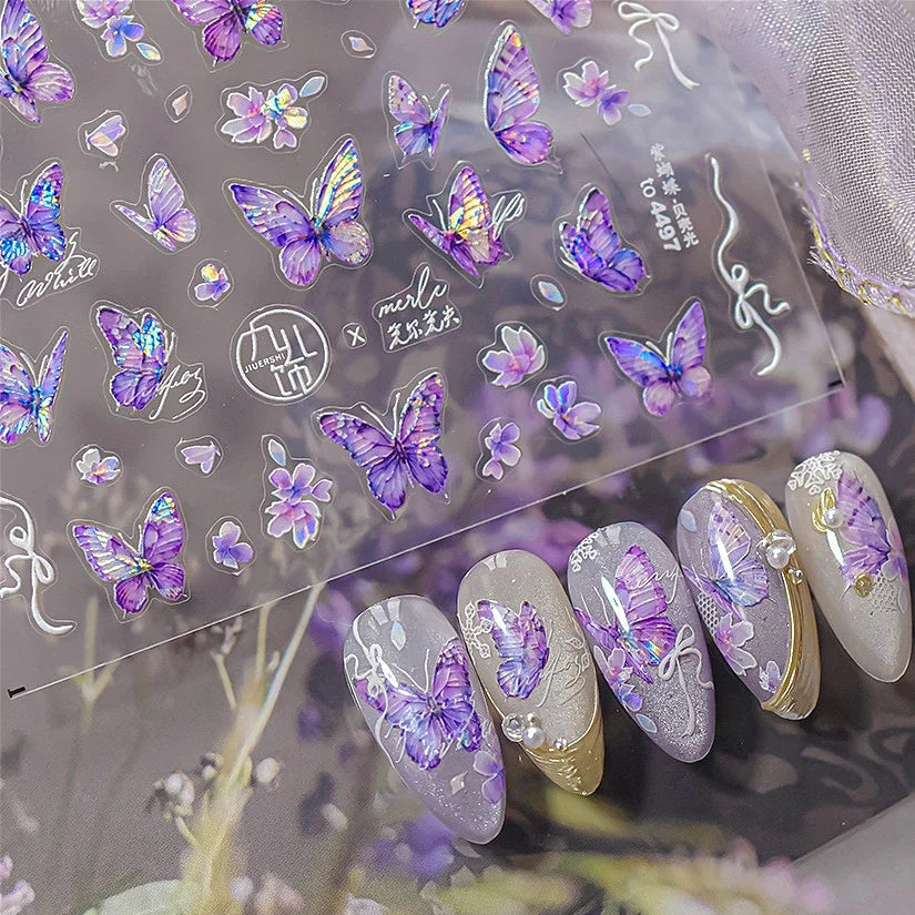 Delicate Tender Purple Butterfly Seal Pattern Insect Shiny Golden Stroke Nail Art Decoration Sticker Dressy Laser Manicure Decal (ONLINE ORDER ONLY)