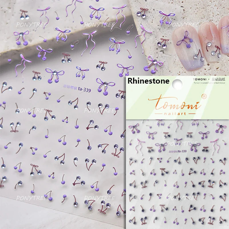 Colourful Cherry Abundant Fruits Bowknot Shiny White Line Outline Self Adhesive Nail Art Stickers Chic Rhinestone Manicure Decal (ONLINE ORDER ONLY)