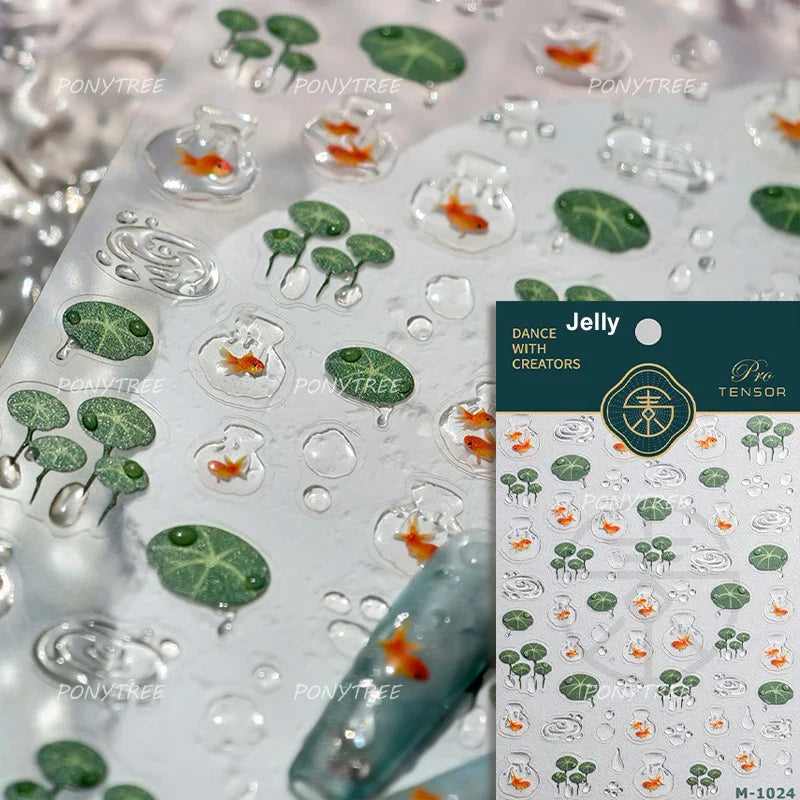 Lotus Flower Leaf Goldfish Ripple Wavelet Water Droplet Lotus Pond Brocaded Carp Self Adhesive Nail Art Stickers Manicure Decals (Online Order Only)