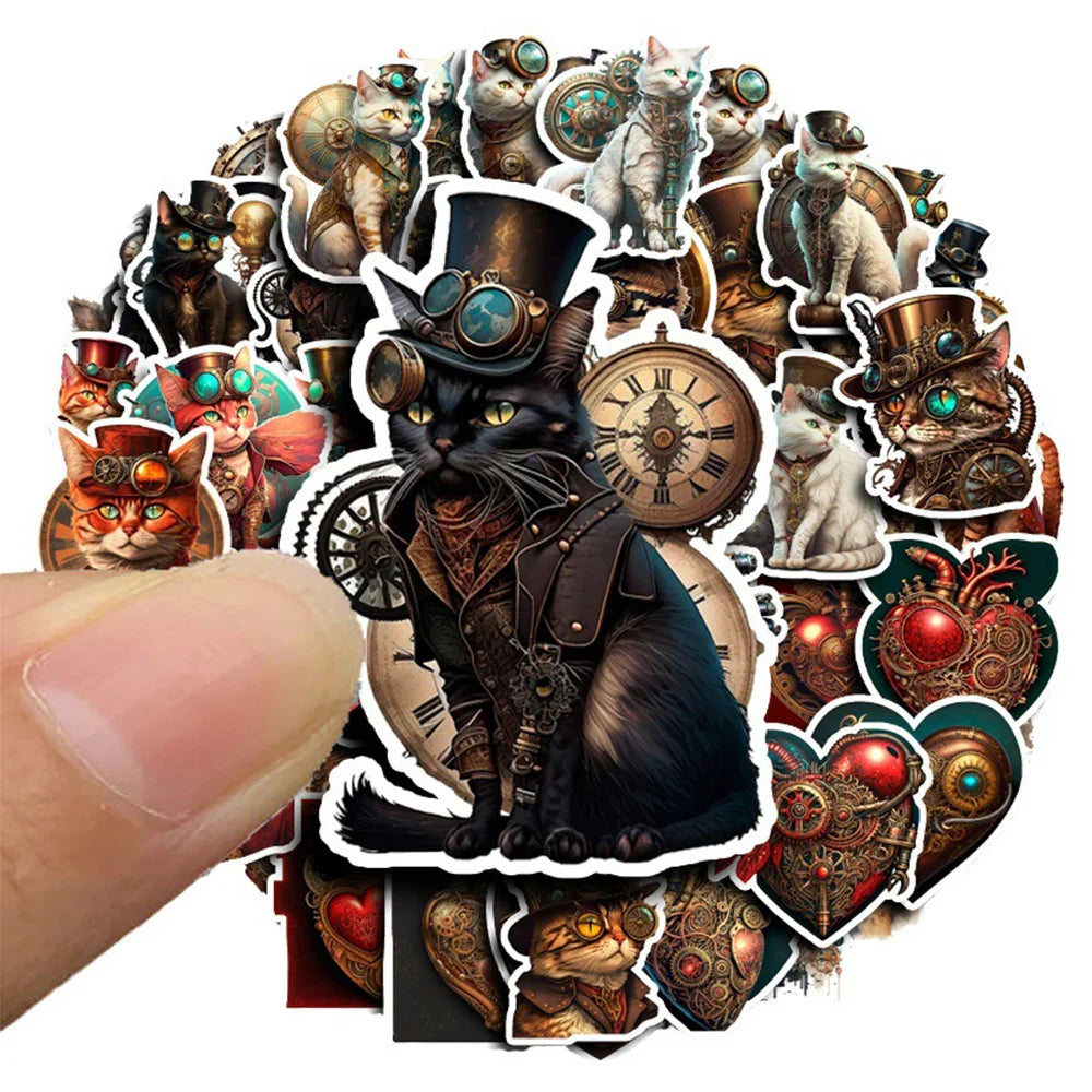 10/30/50pcs Vintage Steampunk Cat Sticker Packs (ONLINE ORDER ONLY)