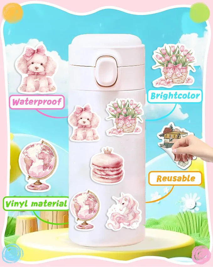 50pcs Pink Aesthetics Stickers Vinyl Decals DIY Skateboard Phone Laptop Car Luggage Bike Cool Waterproof Sticker (ONLINE ORDER ONLY)
