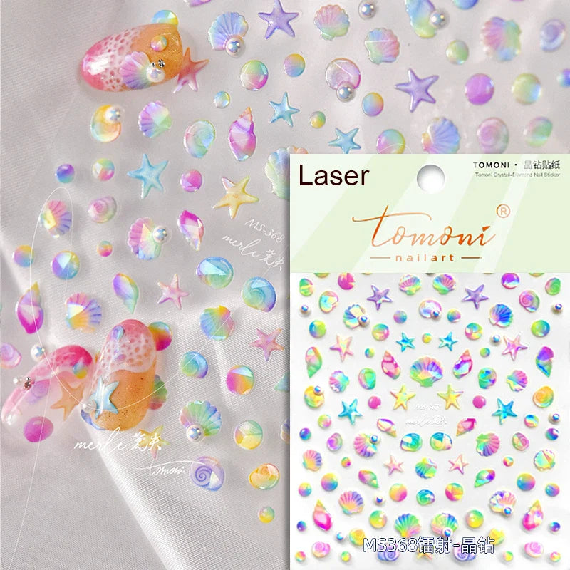 Fantasy Beach Summer Dreamy Colorful Seasnail Shell Pearl Conch Jelly Star 5D Decals Soft Relief 3D Decoration Nail Art Stickers (Online Order Only)