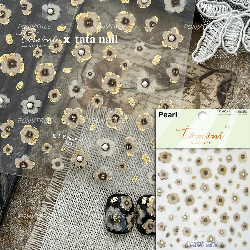 Gold Hot Stamping Flowers Leaves 3D 5D Pearl Bead Delicate Self Adhesive Nail Art Decorations Stickers Manicure Decals Wholesale (Online Order Only)