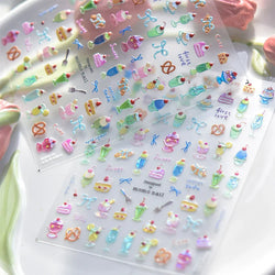 Colorful Food Pudding Alkali Water Bowknot Cream Fork Cup Bread Jelly Fruit Cartoon Cake Relief Nail Art Sticker Manicure Decals (ONLINE ORDER ONLY)
