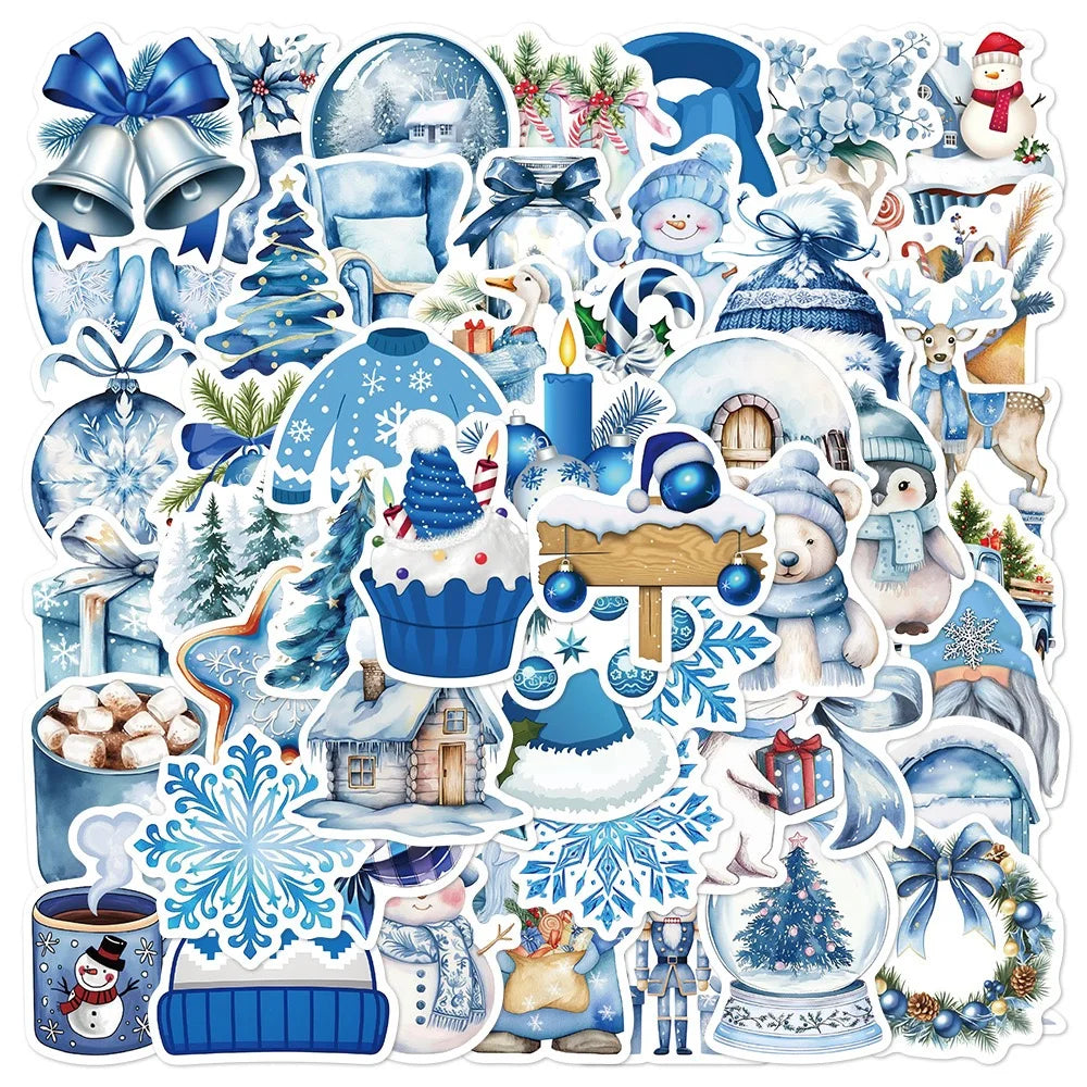 10/50PCS Cute Blue Winter Christmas Decoration Stickers Aesthetic Decals DIY Refrigerator Phone Laptop Luggage Car Sticker Toy (Online Order Only)