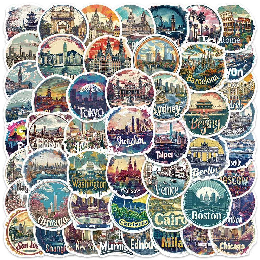 50pcs Aesthetic Cartoon Travel City Landmark Sticker For Laptop Water Bottle Luggage Notebook Waterproof Vinyl Car Decals (ONLINE ORDER ONLY)