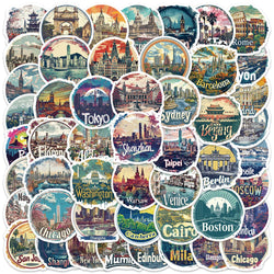 50pcs Aesthetic Cartoon Travel City Landmark Sticker For Laptop Water Bottle Luggage Notebook Waterproof Vinyl Car Decals (ONLINE ORDER ONLY)