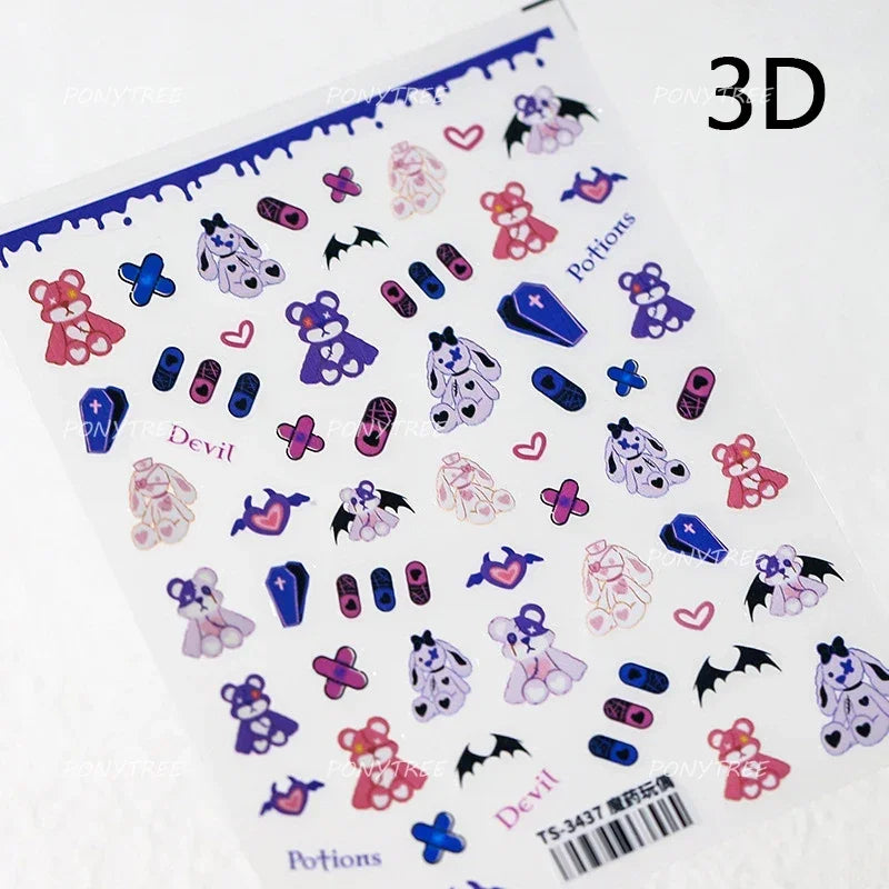 Charm Retro Bear Candy Cake Bowknot Rabbit Bunny Strawberry Footprint Muffin 3D Adhesive Nail Art Stickers Chic Manicure Decals (ONLINE ORDER ONLY)