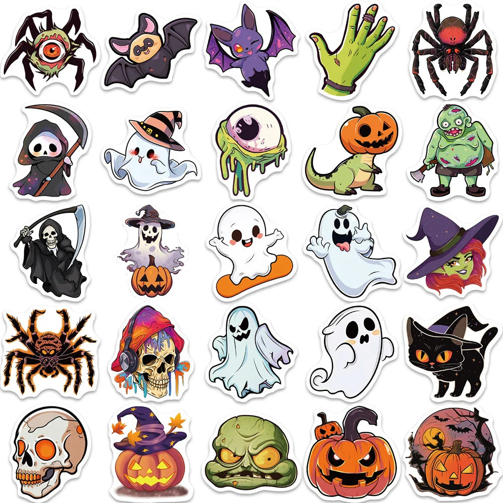 10/30/50pcs Cute Hallowmas Horror Skull Cartoon Stickers Decals Kids Toy Laptop Suitcase Phone Car Skateboard Waterproof Sticker (Online Order Only)