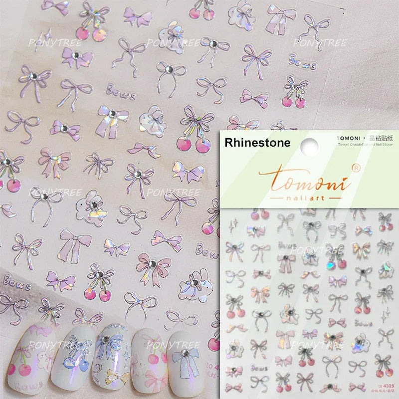 Lovely Pink Red Cherry Fruit Love Heart Star Lucky Letter Bowknot Romantic Adhesive Nail Art Stickers Rhinestone Manicure Decals (Online Order Only)