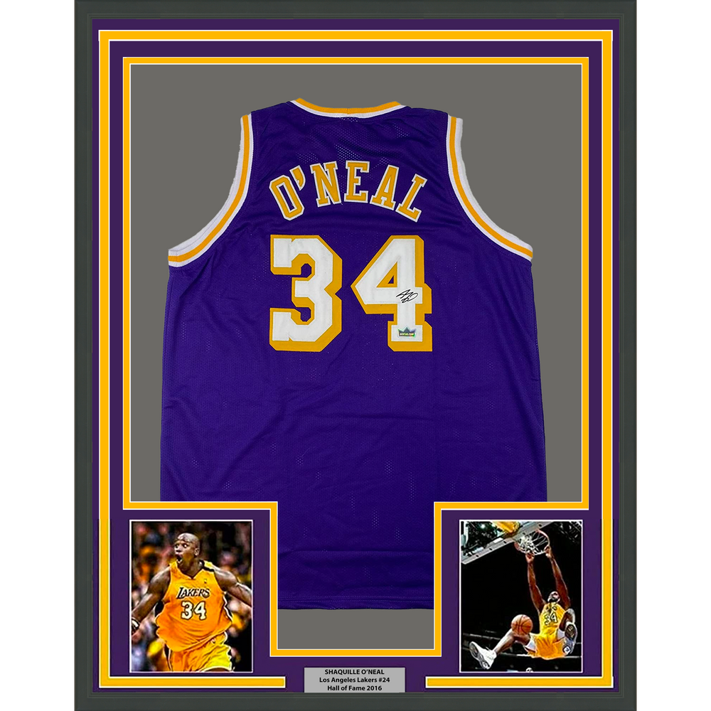 Framed Facsimile Autographed Shaquille Shaq O'Neal 35x39 Los Angeles LA Purple Reprint Laser Auto Basketball Jersey Size Men's XL (ONLINE ORDER ONLY)