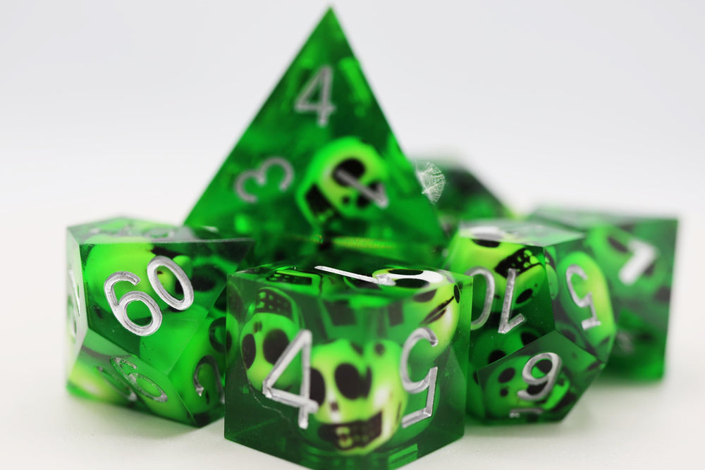 Sharp Edge Resin RPG Dice Set - Green Skulls (ONLINE ORDER ONLY)