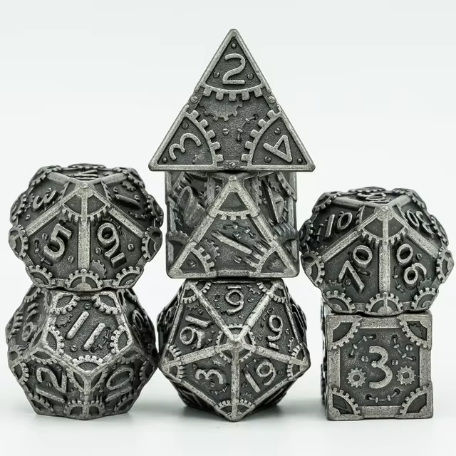 Metal Steampunk Style 7 Piece Polyhedral Dice Set With Bag (Online Order Only)