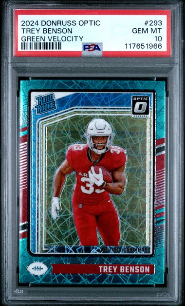 Graded 2024 Panini Donruss Optic Trey Benson #293 Green Velocity Rookie RC Football Card PSA 10 Gem Mint (ONLINE ORDER ONLY)