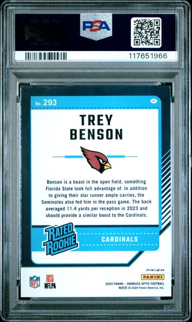 Graded 2024 Panini Donruss Optic Trey Benson #293 Green Velocity Rookie RC Football Card PSA 10 Gem Mint (ONLINE ORDER ONLY)