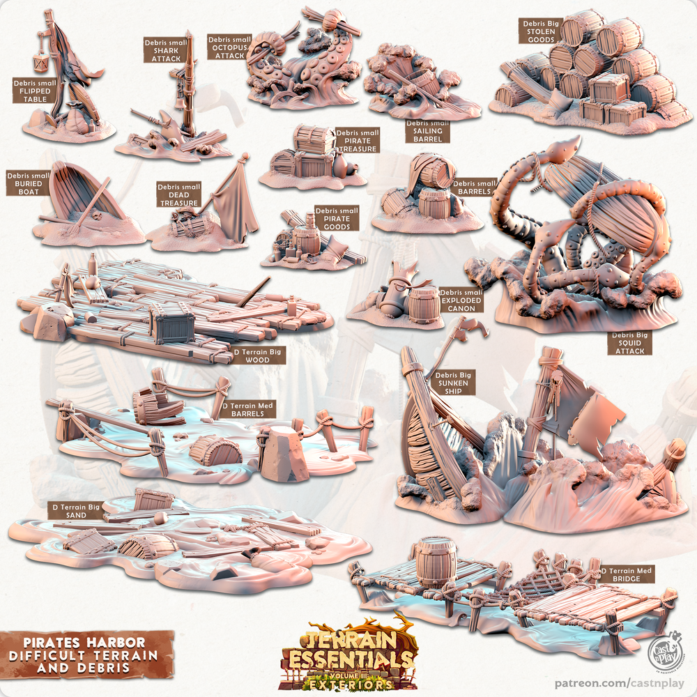 3D Printed Cast n Play Debris and Difficult Terrain Pirates Harbor Set 28mm 32mm D&D (Online Only)