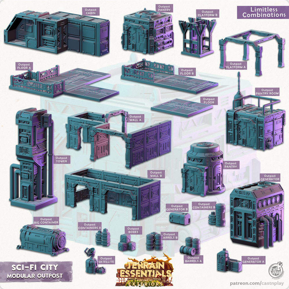 3D Printed Cast n Play Modular Outposts Sci-Fi City Set Terrain Essentials Vol III Exteriors 28mm 32mm D&D (Online Only)