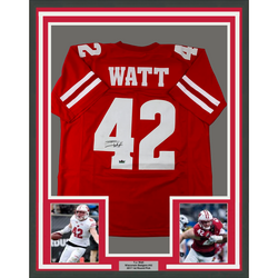 Framed Facsimile Autographed T.J. TJ Watt 35x39 Wisconsin Red Reprint Laser Auto College Football Jersey Size Men's XL (ONLINE ORDER ONLY)