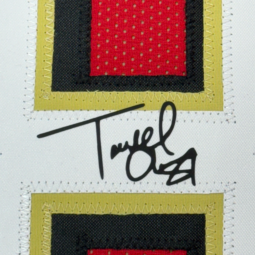 Framed Facsimile Autographed Terrell Owens 35x39 San Francisco Red Reprint Laser Auto Football Jersey (ONLINE ORDER ONLY)