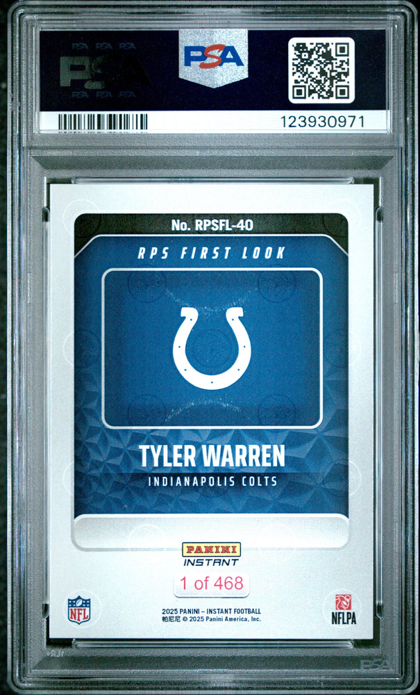 Graded 2025 Panini Instant Tyler Warren #RPSFL40 RPS First Look Rookie RC Football Card PSA 8 Near Mint (ONLINE ORDER ONLY)