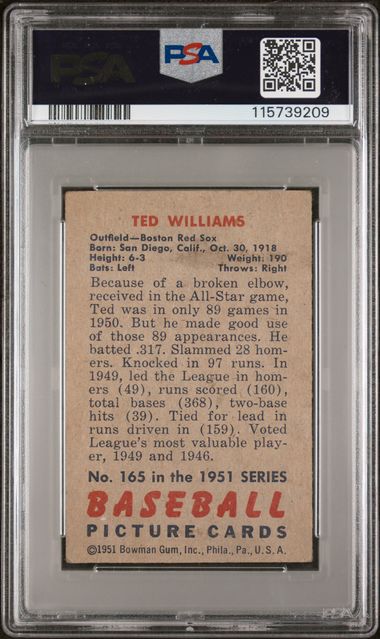 Graded 1951 Bowman Ted Williams #165 Baseball Card PSA 1 (ONLINE ORDER ONLY)
