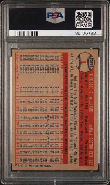 Graded 1957 Topps Ted Williams #1 Baseball Card PSA 2 Good (ONLINE ORDER ONLY)