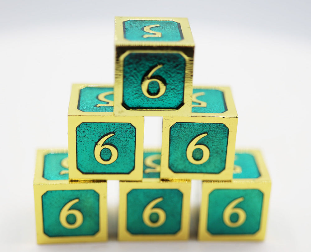 6 piece Metal D6's - Teal and Gold (ONLINE ORDER ONLY)
