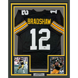 Framed Facsimile Autographed Terry Bradshaw 35x39 Pittsburgh Black Reprint Laser Auto Football Jersey (ONLINE ORDER ONLY)