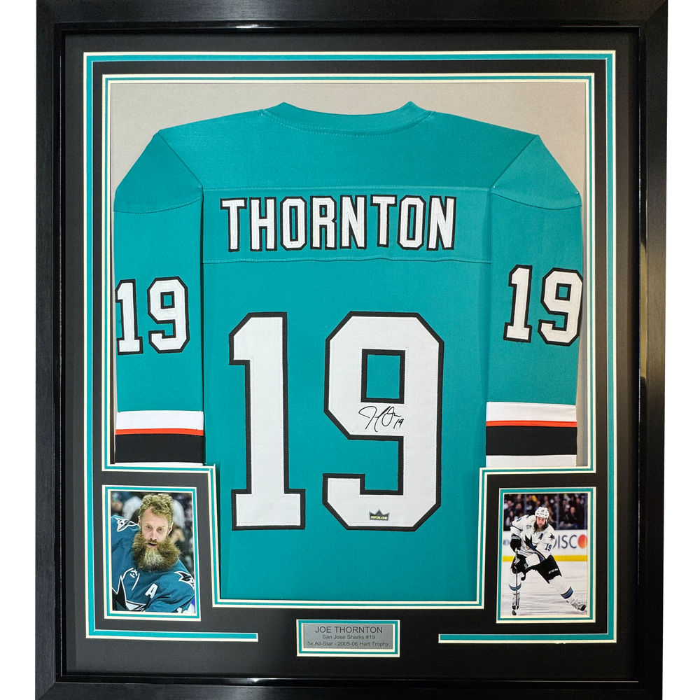 Framed Facsimile Autographed Joe Thornton 35x39 San Jose Teal Reprint Laser Auto Hockey Jersey (ONLINE ORDER ONLY)