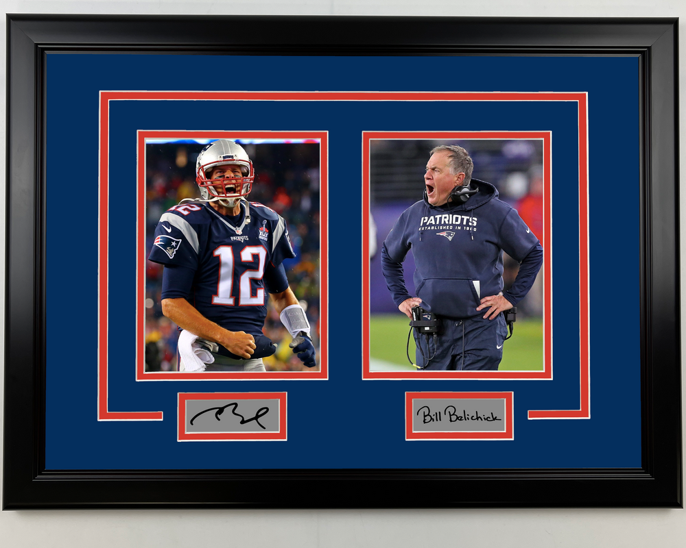 Framed Tom Brady and Bill Belichick Facsimile Laser Engraved Signatures New England Patriots 17x23 Dual Football Photo (ONLINE ORDER ONLY)