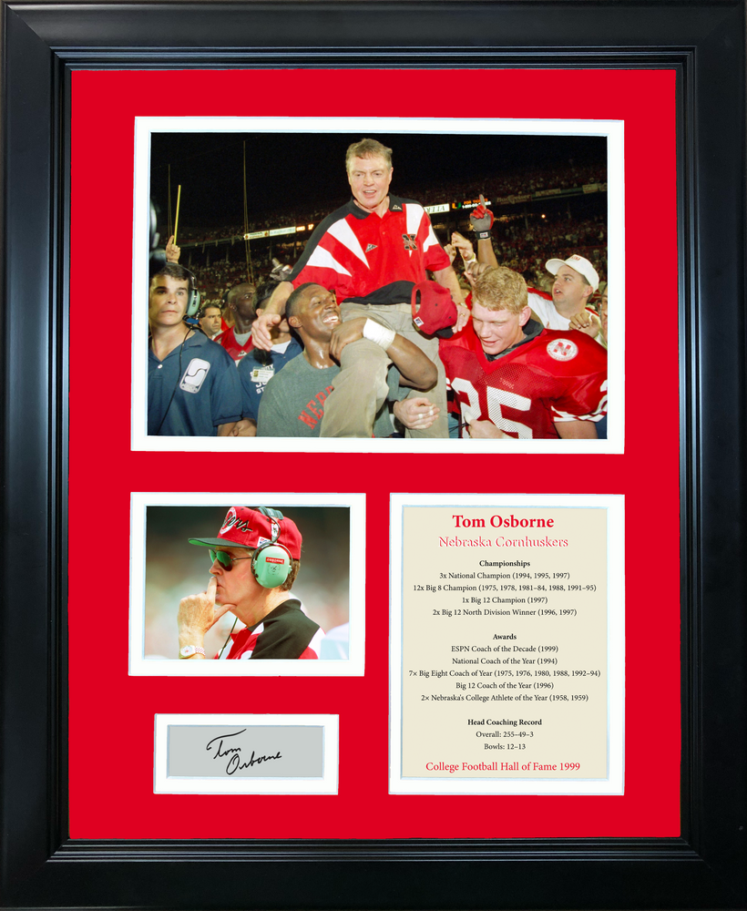 Framed Tom Osborne Hall of Fame Facsimile Laser Engraved Signature Auto Nebraska Cornhuskers 11"x14" College Football Photo Sig Collage (ONLINE ORDER ONLY)